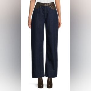 Rag & Bone Dark Blue Wide-Leg Jeans with Brown Softest Faux Leather Accents.